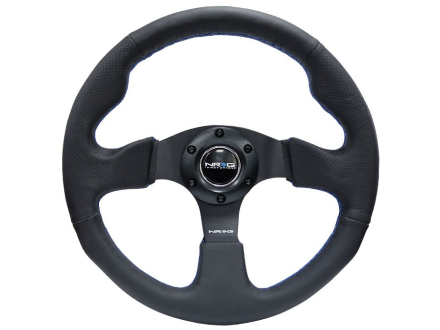 NRG Innovations Reinforced Steering Wheel NRG-RST-012R-BL - Leather Wrap Steering Wheel 320mm with Blue Stitch, Thumb Grip 3 Spoke Style