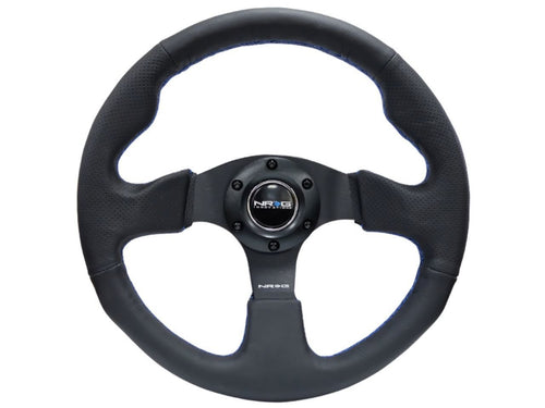 NRG Innovations Reinforced Steering Wheel NRG-RST-012R-BL - Leather Wrap Steering Wheel 320mm with Blue Stitch, Thumb Grip 3 Spoke Style