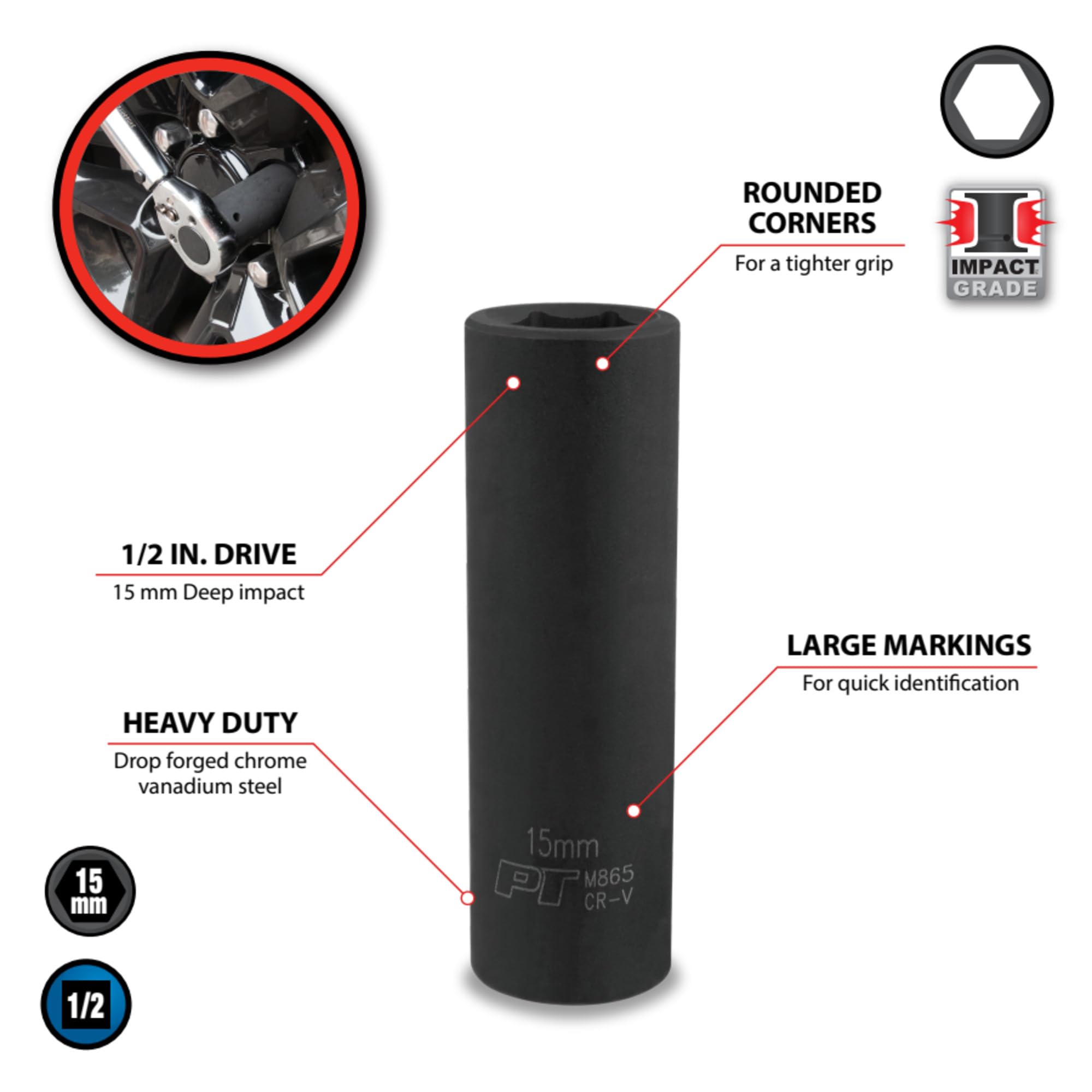 15mm Deep Wall Impact Socket Performance Tool M865, 1 Pack