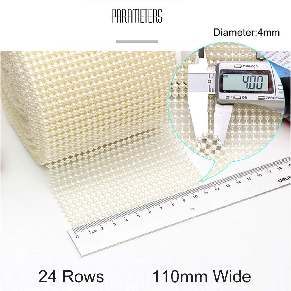 10 Yards JEWELEADER 4mm Half Pearl Ribbon 24 Rows Ivory ABS Plastic Imitation Pearl Mesh Wrap Roll 110mm Wide for Wedding Party Vase Home Holiday Decoration DIY Crafts