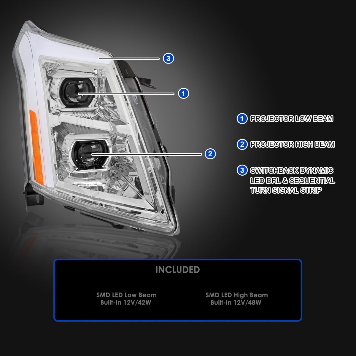 Full LED Projector Headlights SPEC-D TUNING w/LED DRL Light Bar, Sequential Signal, and Startup Animation Compatible with 2010-2016 Cadillac SRX, Left + Right Pair Headlamps Assembly