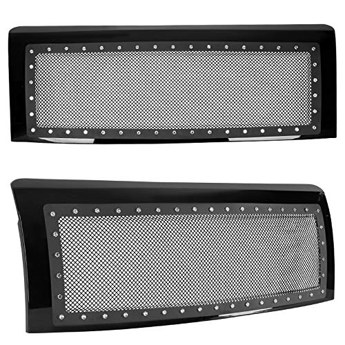 Glossy Black Spec-D Tuning Stainless Steel Rivet Mesh Style Front Hood Grille Compatible with 2009-2014 Ford F150