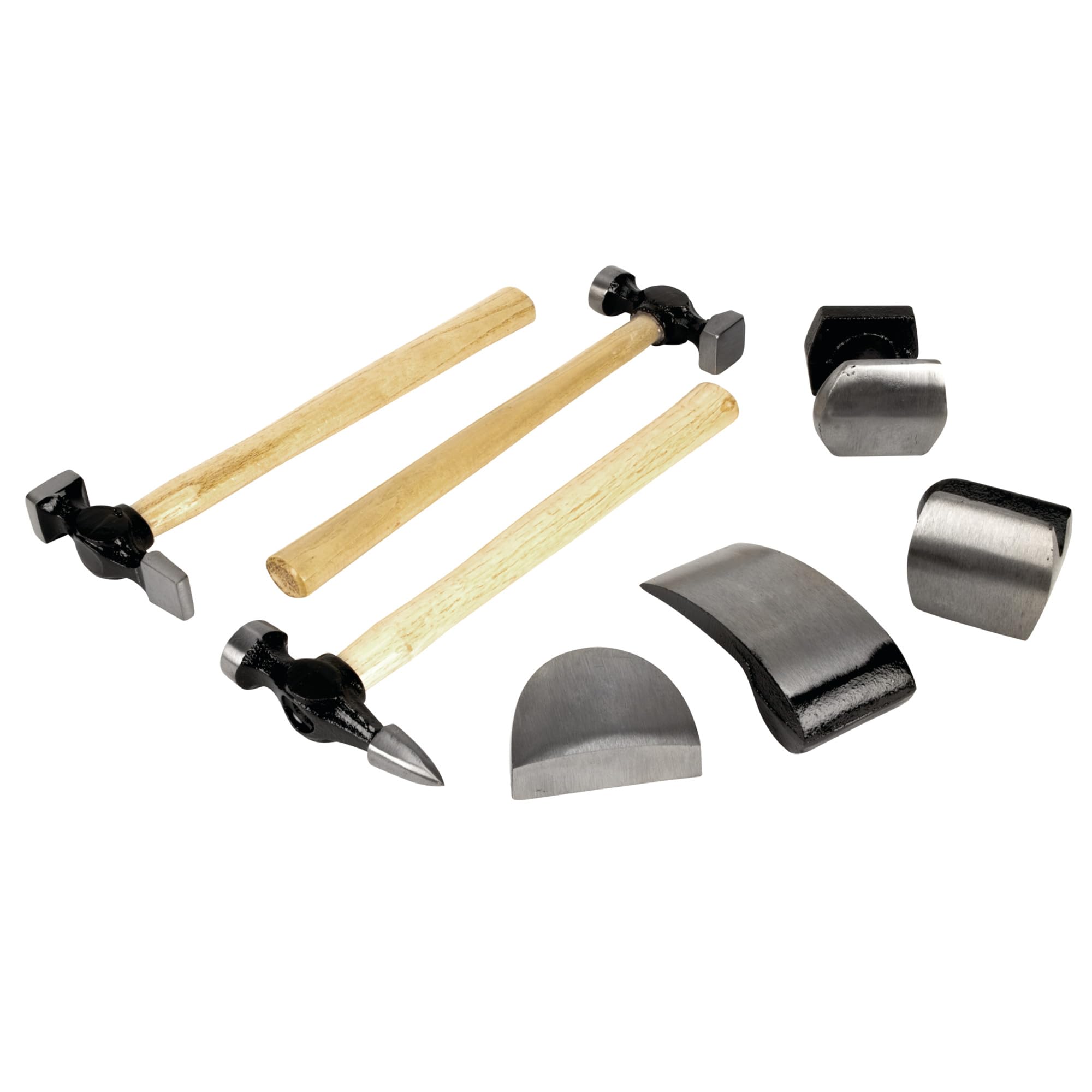 W1007DB Performance Tool 7-Piece Auto Body Repair Kit with Carbon Steel Hammer Heads and Dollies on Wood Handles