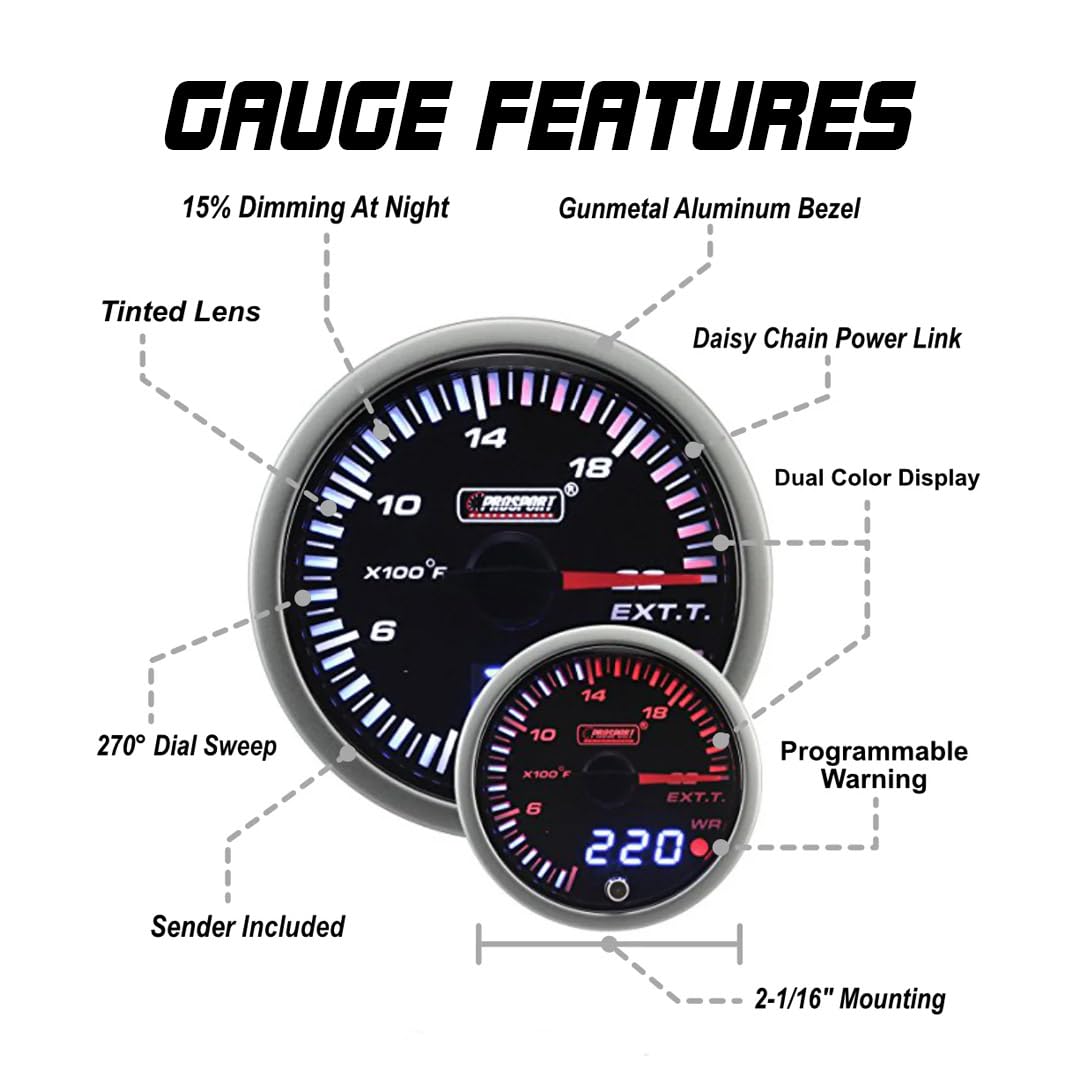216JDMEGT-R.F Prosport Performance EGT Dual Display Amber/White 52mm w/Quick Conn.Temp. Probe