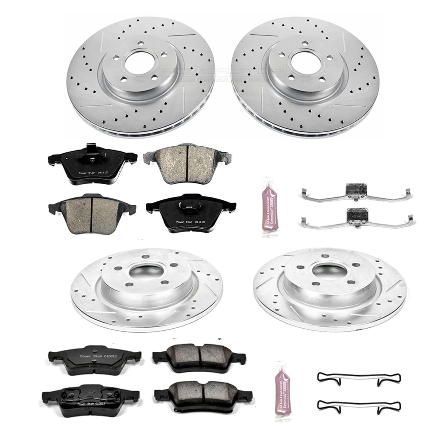 Power Stop K5470 Z23 Carbon Fiber Brake Pads Front and Rear with Drilled & Slotted Brake Rotors Kit For Volvo S40 2004-2005 | Volvo V50 2005 [Vehicle Specific]