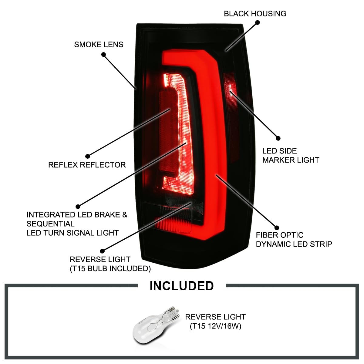 Black Smoke Tail Lights SPEC-D TUNING w/White LED Sequential Turn Signals and Startup Animation Compatible with 2007-2014 Chevy Tahoe, Suburban, GMC Yukon/Denali/XL, Left + Right Pair Assembly