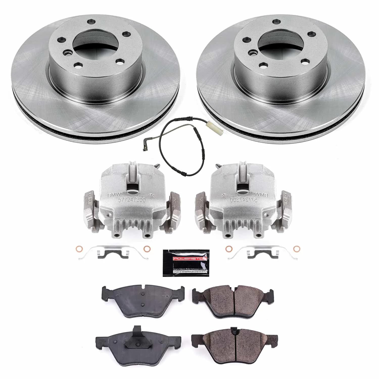 Power Stop KCOE4590 Front Brake Caliper Kit Replacement- Brake Rotor, Brake Pads & Calipers and 1 Front Sensor Wire For BMW 328i 2007, BMW 328xi 2007 [Model Specific]