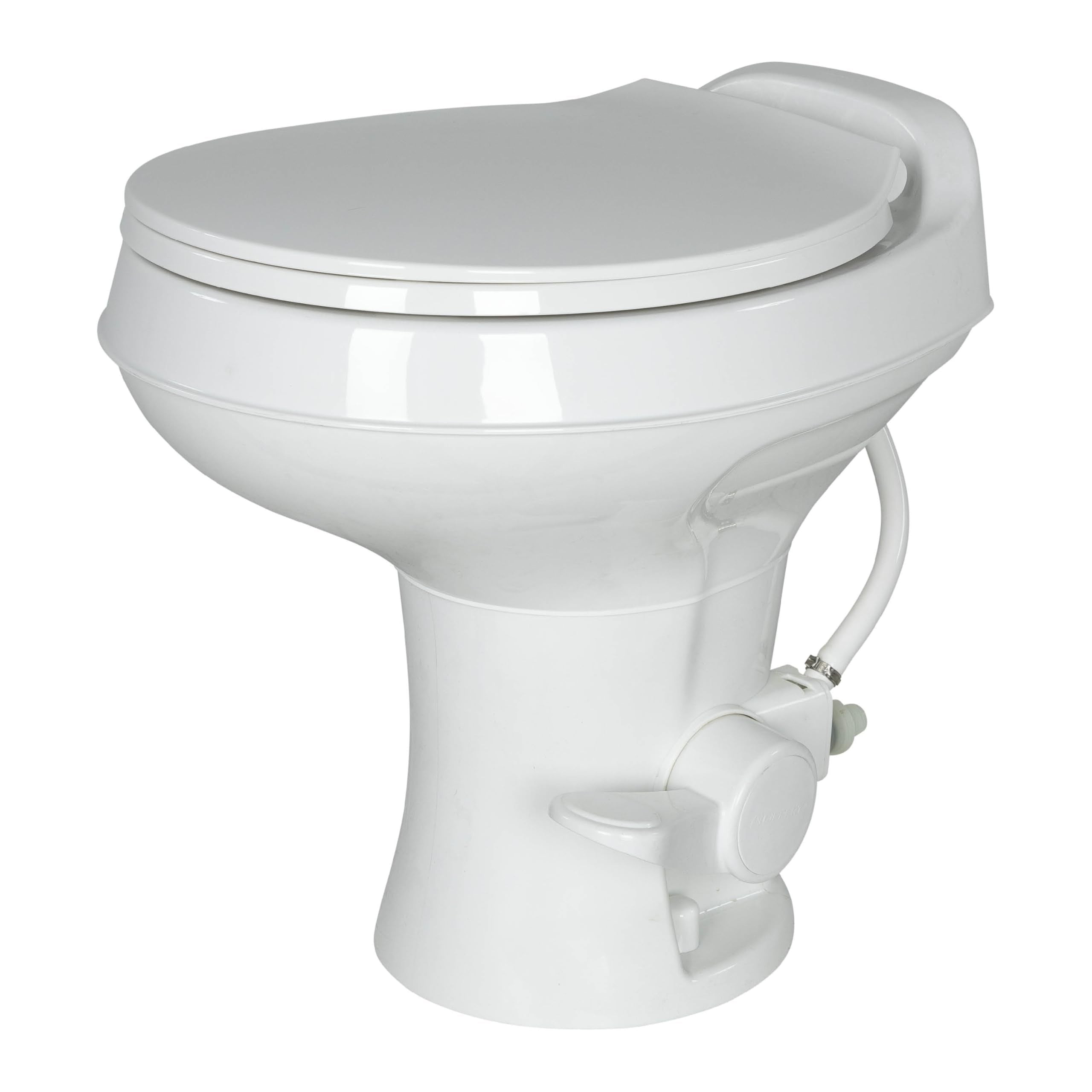 RV Camper Toilet Flow Max White with Round Plastic Bowl, 18" Standard Profile, Full-Size Residential Seat, Soft-Close Lid, Efficient Flush - 2024030310