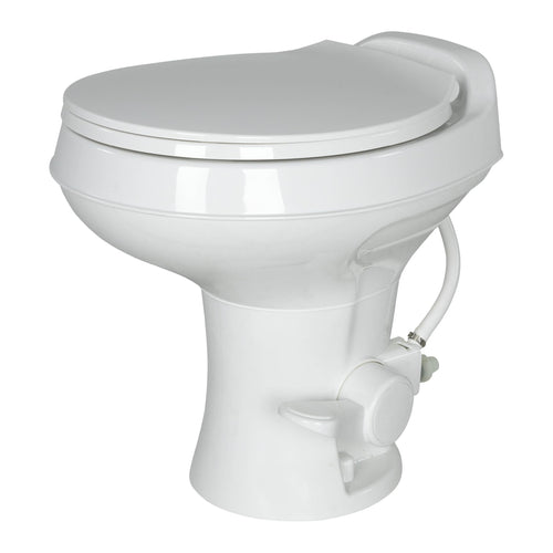 RV Camper Toilet Flow Max White with Round Plastic Bowl, 18" Standard Profile, Full-Size Residential Seat, Soft-Close Lid, Efficient Flush - 2024030310
