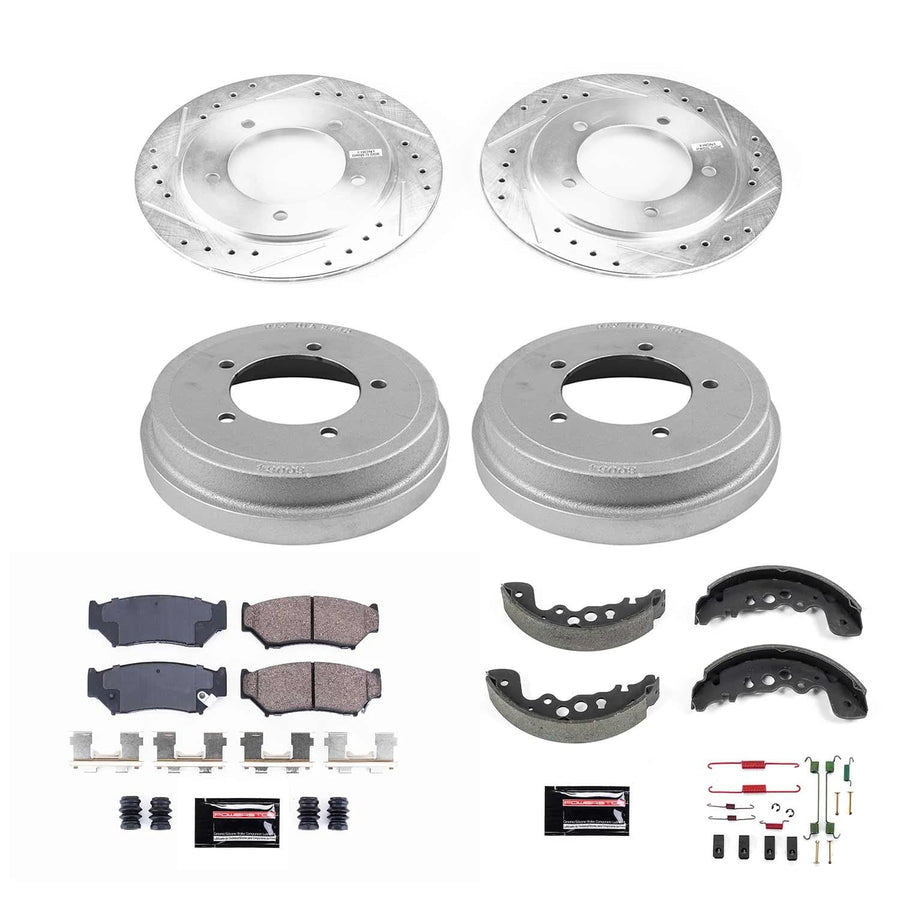 Power Stop K15184DK Z23 Carbon Fiber Brake Pads Front and Rear with Drilled & Slotted Brake Drums Kit For Chevrolet Tracker 2002-2004 [Model Specific]