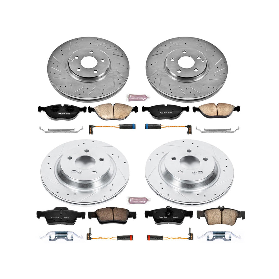 Power Stop K4507 Z23 Carbon Fiber Brake Pads Front and Rear with Drilled & Slotted Brake Rotors Kit For Mercedes-Benz S500 2003-2006 [Model Specific]