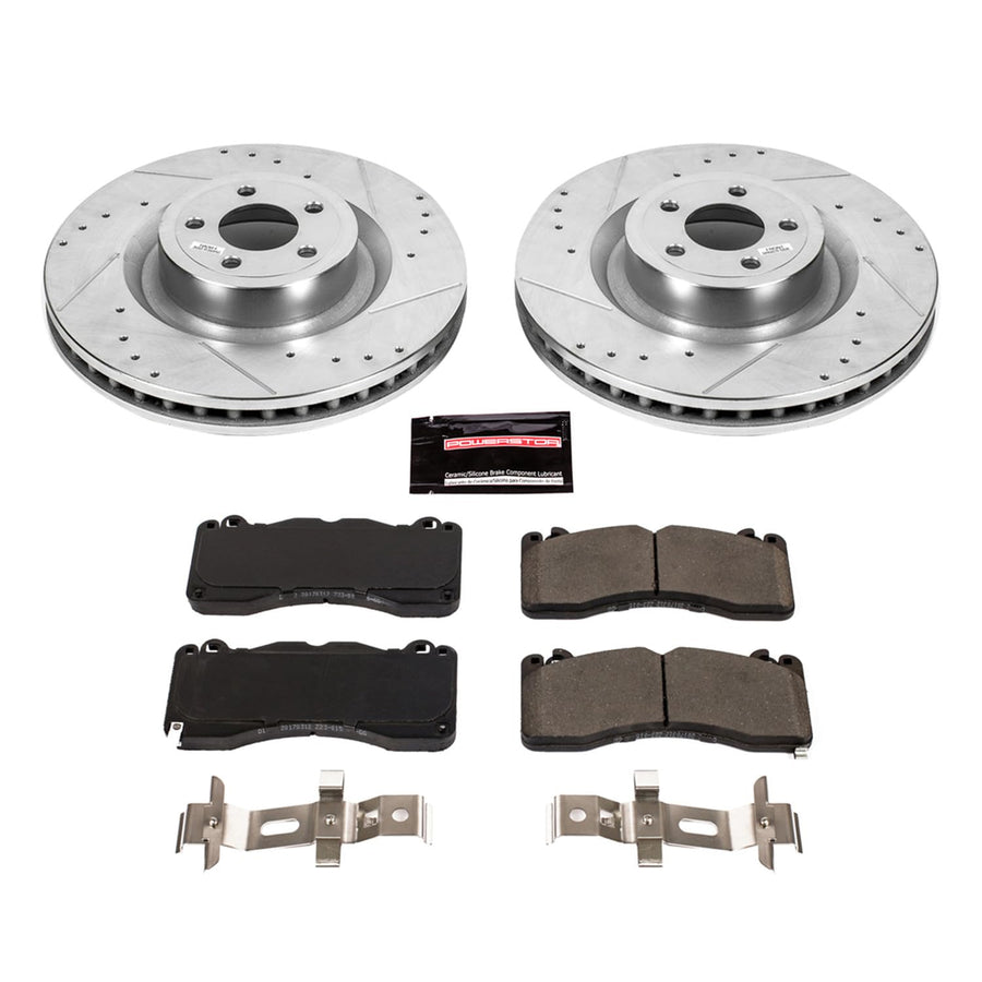 Power Stop K6811 Z23 Carbon Fiber Brake Pads with Drilled & Slotted Brake Rotors Kit For Ford Mustang 2015-2022 [Model Specific]