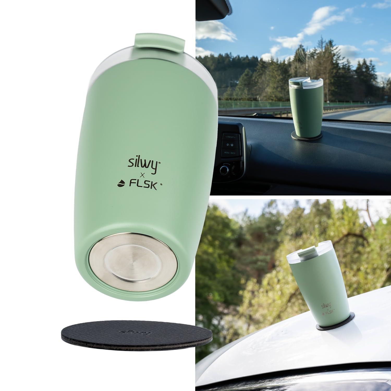 Sage Silwy® Magnetic Thermal Mug To Go with Metal Nano Gel Pad - Stable Premium Coffee Mug/Tea Mug, Leak-Proof, Keeps Drinks Hot for 3 Hours - for Campers, Home and Travel (Mint)