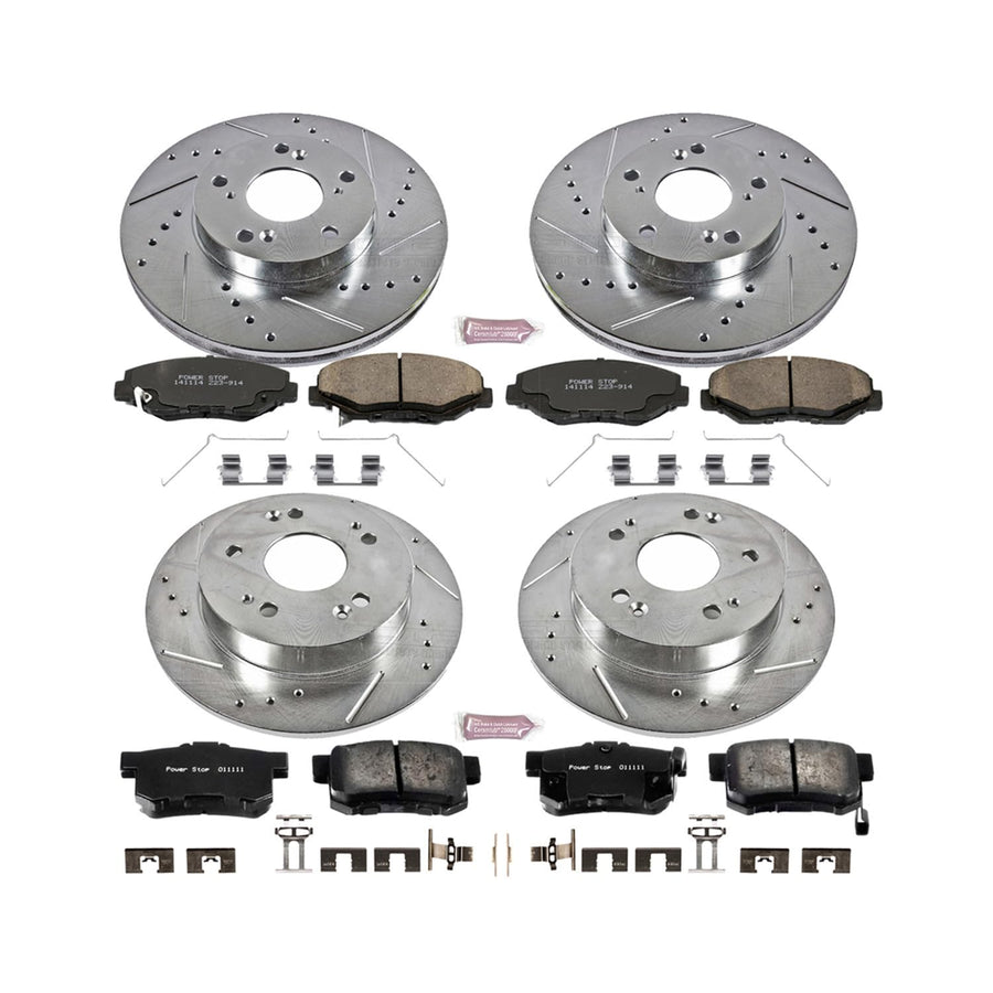 Power Stop K6781 Z23 Carbon Fiber Brake Pads Front and Rear with Drilled and Slotted Brake Rotors Kit For 2014 2015 Acura ILX | 2013 2014 2015 Honda Civic EX, EX-L