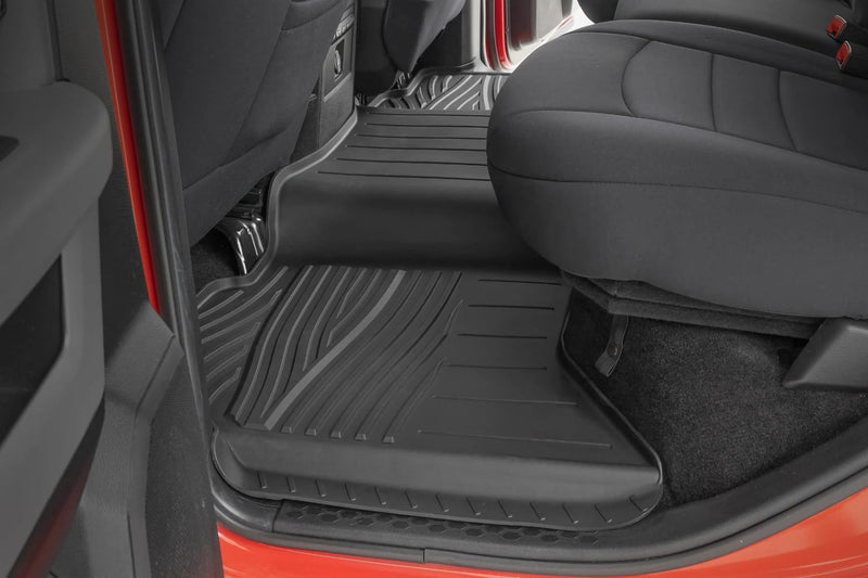 Flex-Fit Rough Country Floor Mats for Ram 1500 (2009-2018) Crew Cab - Front & Rear Set, Custom All-Weather Non-Slip TPE Liners with Spill Saver Lip