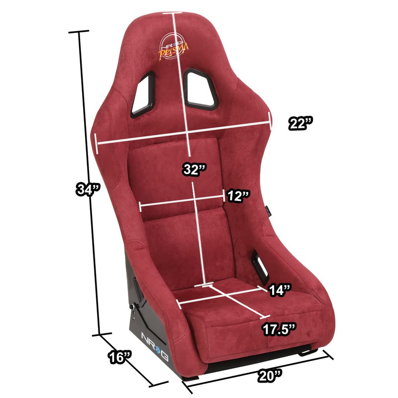NRG Innovations Universal Fixed Back NRG-FRP-303MAR-PRISMA Bucket Racing Seat for 5-Point Harnesses, Size M, Maroon Alcantara Material, 22" W X 34" H X 16" D