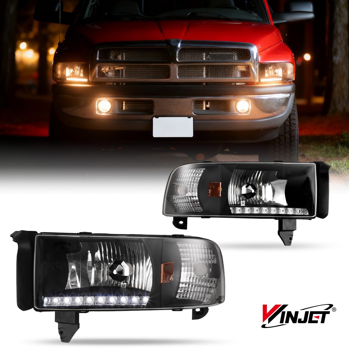 Headlight Assembly Replacement Winjet Street Series for [1994 1995 1996 1997 1998 1999 2000 2001 2002 Dodge RAM 1500/2500/3500/4000] LED DRL Headlights 1PAIR Driver & Passenger Side