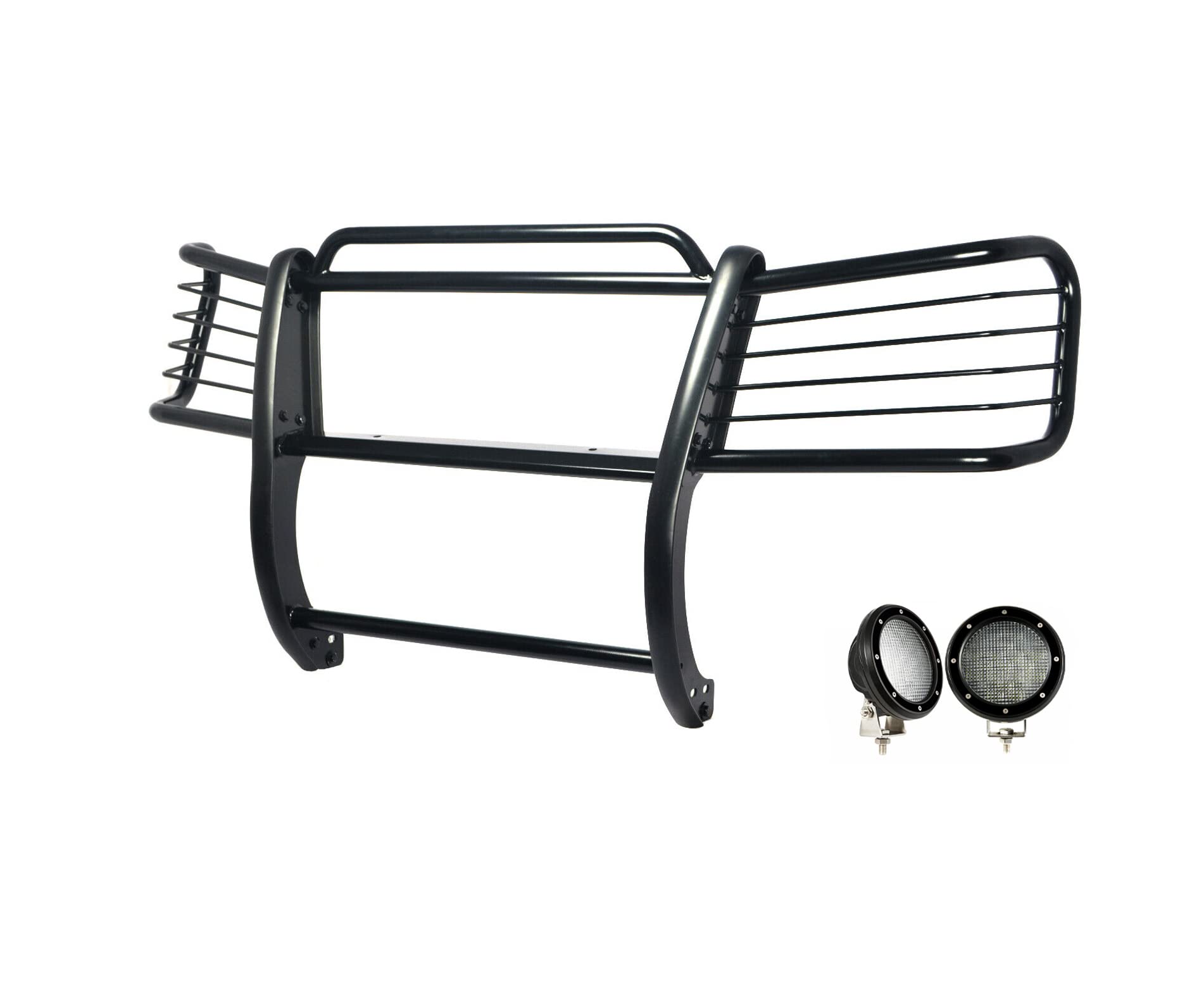 Grille Brush Black Horse Bumper Guard Modular Black Come with Pair of 5.3" Dia.LED Lights with Black Trim Rings Compatible with 2002-2009 Trailblazer|2002-2006 Trailblazer EXT-17GK26MA-PLFB
