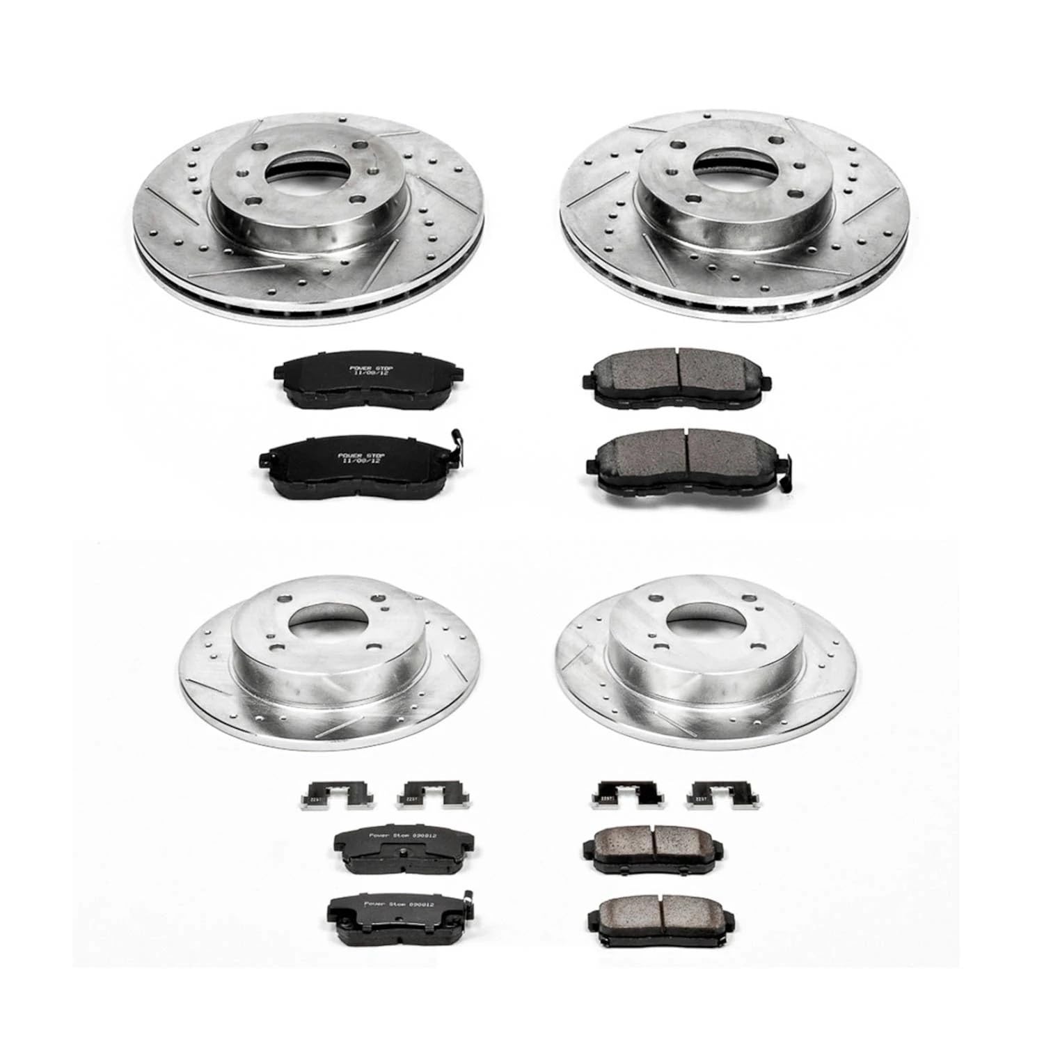 Power Stop K751 Z23 Carbon Fiber Brake Pads Front and Rear with Drilled & Slotted Brake Rotors Kit For INFINITI G20 2001-2002 | Nissan Sentra 2001-2006 [Vehicle Specific]