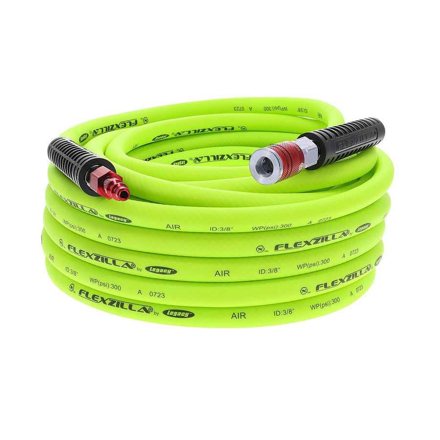 Air Hose Flexzilla with ColorConnex Industrial Type D Coupler and Plug, 3/8 in. x 50 ft., Heavy Duty, Lightweight, Hybrid, ZillaGreen - HFZ3850YW2-D