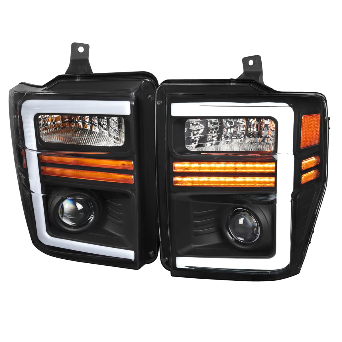 Black SPEC-D TUNING Projector Headlights with Sequential LED Turn Signal Light Strips Compatible with 2008-2010 Ford F-250, F-350, F-450, F-550 Super Duty, Left + Right Pair Headlamps Assembly