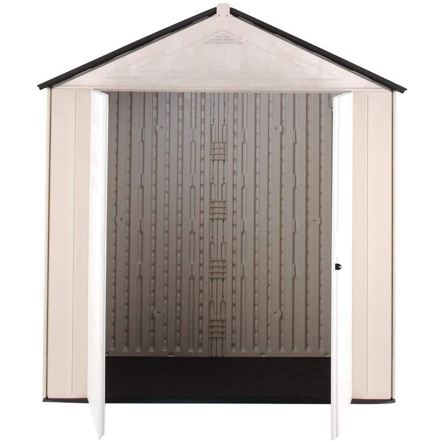 Outdoor Storage Shed Rubbermaid With Floor (7 x 3.5 Ft), Weather Resistant, Beige/White, Organization for Home/Backyard/Garden Tools/Lawn Mower/Bike Storage/Pool Supplies