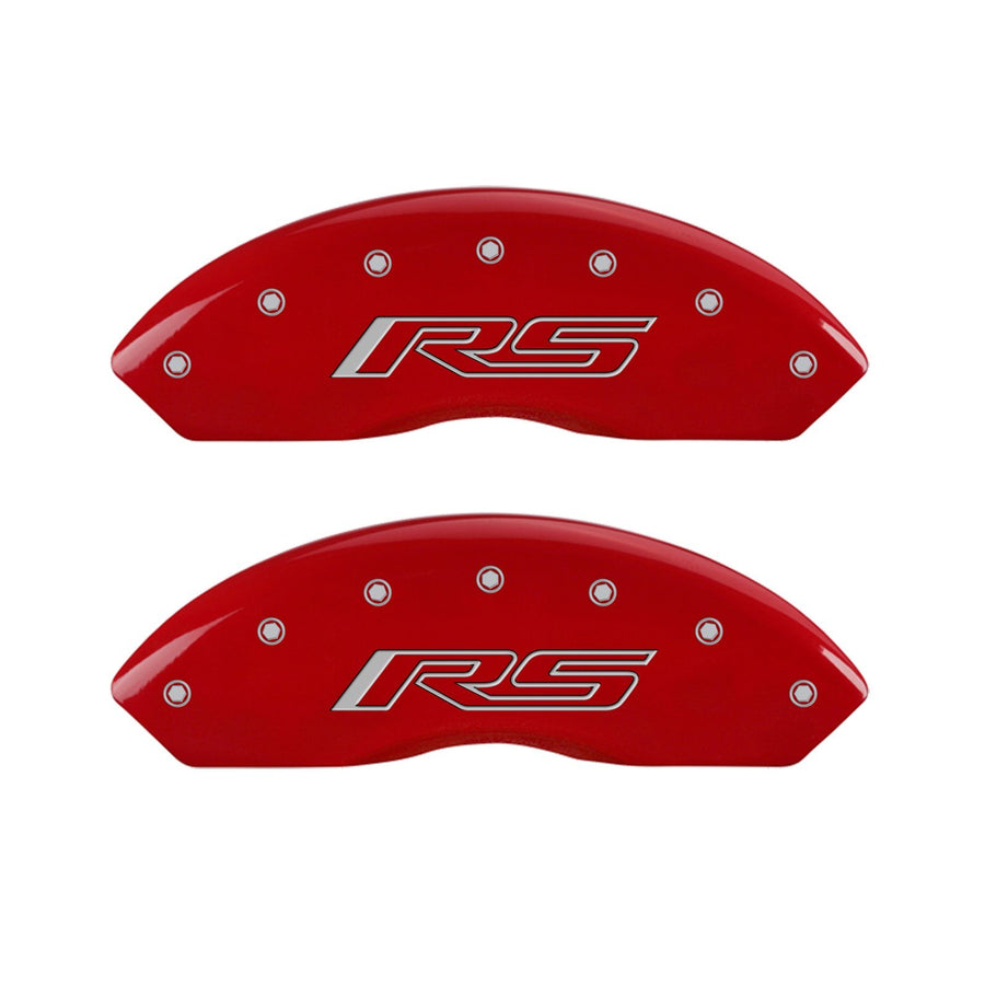Caliper Covers MGP Compatible with 2016-2024 Chevy Camaro (Fits 18"+ Wheels & Standard JL9 Brakes) Powder-Coated Finish, 4 PCS Front and Rear (Red - RS Engraving)