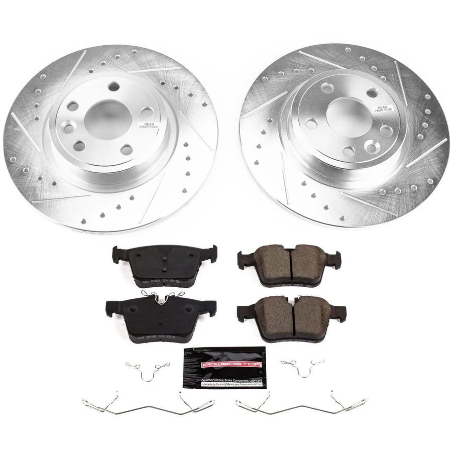 Power Stop K7995 Rear Brake Pads Z23 Carbon Fiber with Drilled & Slotted Brake Rotors Kit and 2 Rear Sensor Wires For Land Rover Discovery Sport 2015-2017 [Model Specific]