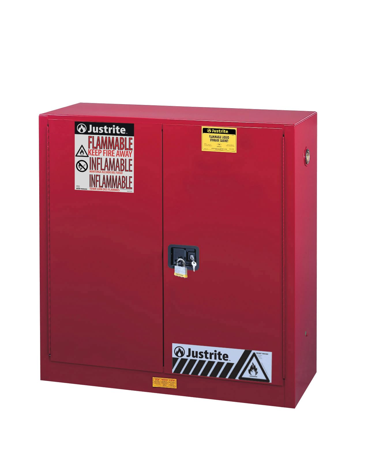 Justrite 40 Gallon Paint and Ink Manual Close Safety Cabinet, 18 Gauge Steel, 3 Shelves, 43" x 44" x 18", 2 Door Combustibles Cabinet, Made in The USA, Red, 893011