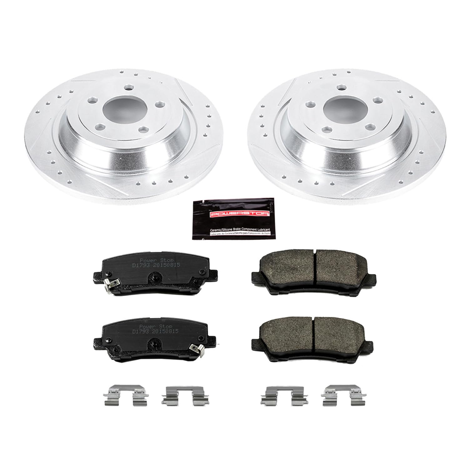Power Stop K6813 Rear Brake Pads Z23 Carbon Fiber with Drilled & Slotted Brake Rotors Kit For Ford Mustang 2015-2022 [Model Specific]