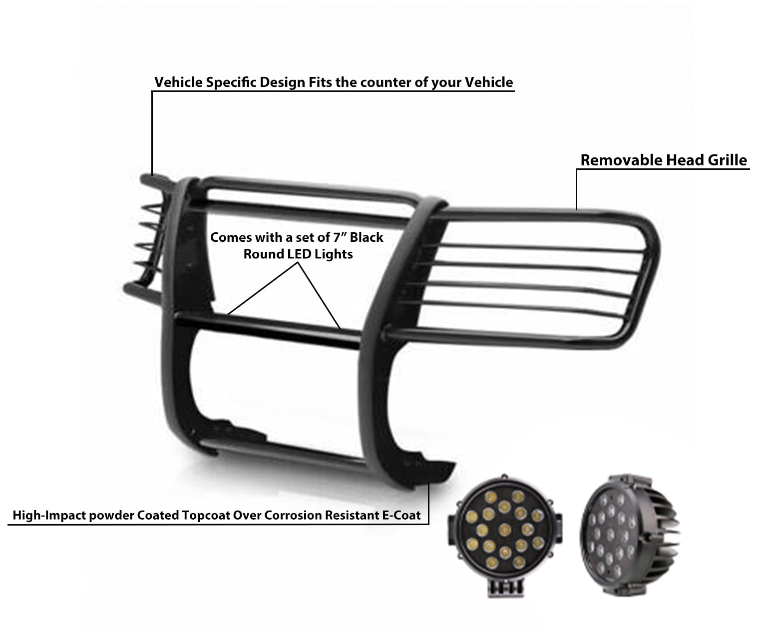Bumper Guard Modular Black Horse Grille brush Come With pair of 7.0"Dia.LED Lights with Black Trim Rings Compatible with 2002-2006 GMC Envoy|2002-2006 GMC Envoy XL-17GD26MA-PLB