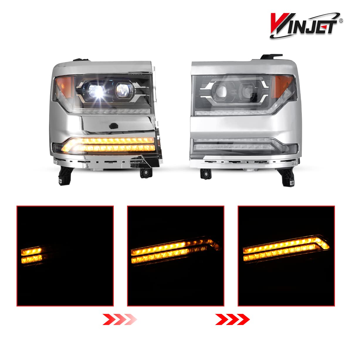Headlight Assembly Winjet Fit For 2016 2017 2018 2019 Chevy Silverado 1500 Headlamp Replacement w/LED Sequential Turn Signal Light, DRL, High & Low Beam (Chrome Housing Clear Lens)