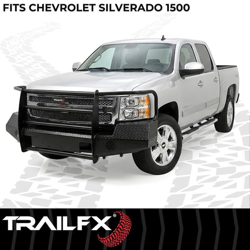 TrailFX Front Bumper Fits 2007-2013 Chevrolet Silverado 1500 Gloss Black Steel with Grille Guard and Mesh Direct Fit Uses Factory Hardware Auxiliary Light Cutouts TrailFX FX3007A
