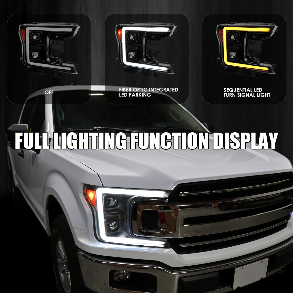 Black Smoke SPEC-D TUNING Sequential Switchback Projector Headlights w/LED Light Bar Compatible with 2018-2020 Ford F-150, Left + Right Pair Headlamps Assembly