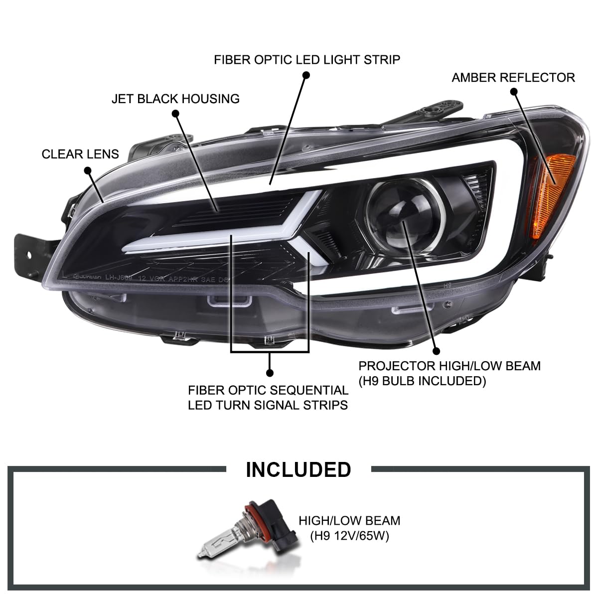 Jet Black SPEC-D TUNING Projector Headlights w/Sequential LED Turn Signal Compatible with 2015-2021 Subaru WRX STI with Halogen Headlights, L + R Pair Headlamp Assembly