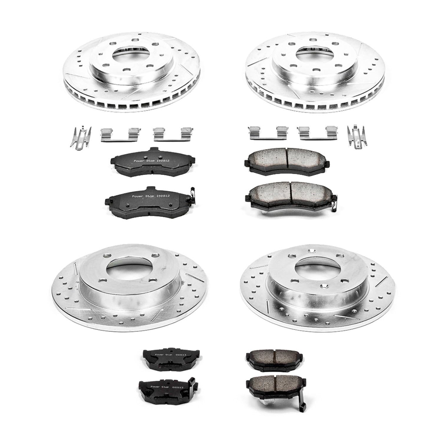 Power Stop K2779 Z23 Carbon Fiber Brake Pads Front and Rear with Drilled & Slotted Brake Rotors Kit For Hyundai Elantra 2002-2005 [Model Specific]