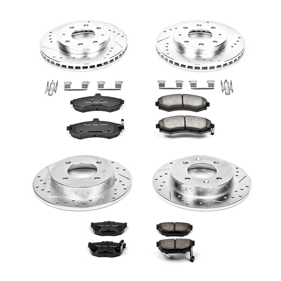 Power Stop K2779 Z23 Carbon Fiber Brake Pads Front and Rear with Drilled & Slotted Brake Rotors Kit For Hyundai Elantra 2002-2005 [Model Specific]