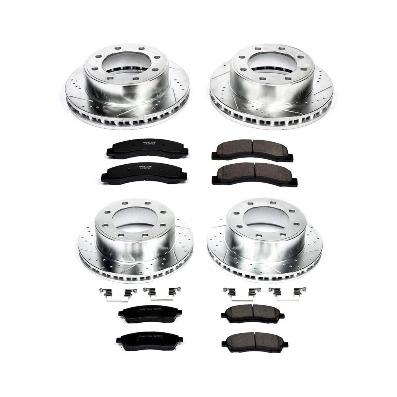 Power Stop K1906 Z23 Carbon Fiber Brake Pads Front and Rear with Drilled Slotted Brake Rotors Brake Kit For 2000-2005 Ford Excursion 4WD | 1999-2004 Ford F250 F350 4WD Single Rear Wheel Models