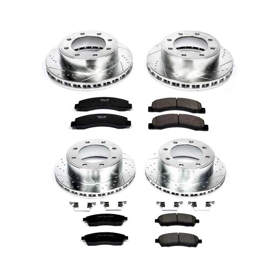 Power Stop K1906 Z23 Carbon Fiber Brake Pads Front and Rear with Drilled Slotted Brake Rotors Brake Kit For 2000-2005 Ford Excursion 4WD | 1999-2004 Ford F250 F350 4WD Single Rear Wheel Models