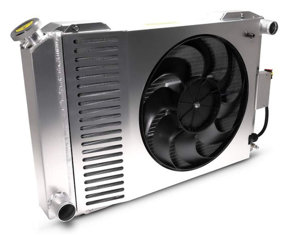 Slim-Fit PFM Radiator, Direct Fit Series, 29-7/64 in W x 18-7/64 in H x 4 in D, Single Pass, Passenger Side Inlet, Driver Side Outlet, Aluminum, Natural, Manual Transmission, Ford Mustang 1979-93
