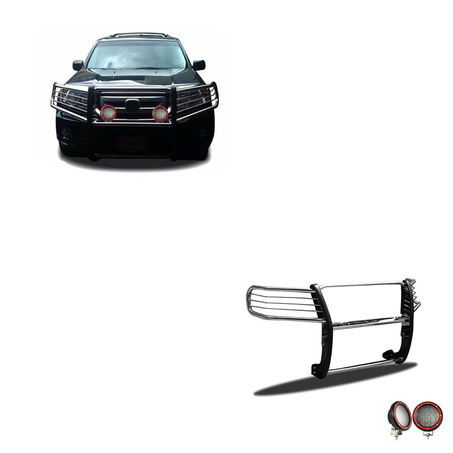 Bumper Guard Black Horse Grille Brush Modular Stainless Steel Come with Pair of 5.3" Dia.LED Lights with Red Trim Rings Compatible with 2016-2022 Honda Pilot-17H151402MSS-PLFR