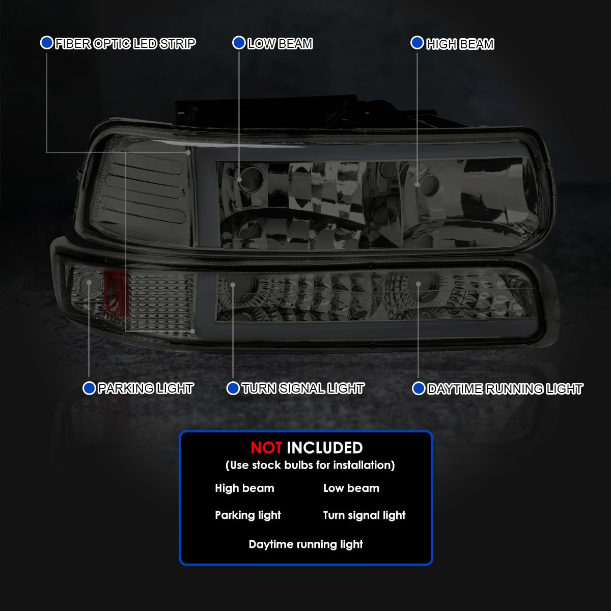 Smoke LED Bar Headlights + Bumper Lights SPEC-D TUNING Compatible with 1999-2002 Chevy Silverado 2000-2006 Tahoe Suburban, Left + Right Pair Headlamps Assembly