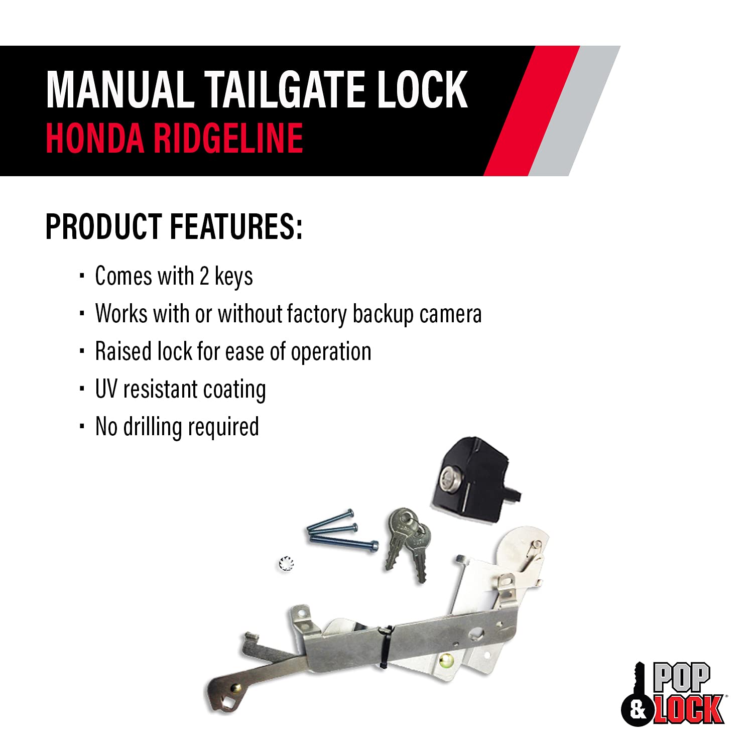 Manual Tailgate Lock Pop & Lock PL6100 Black for Honda Ridgeline (Works with/Without Factory Backup Camera)