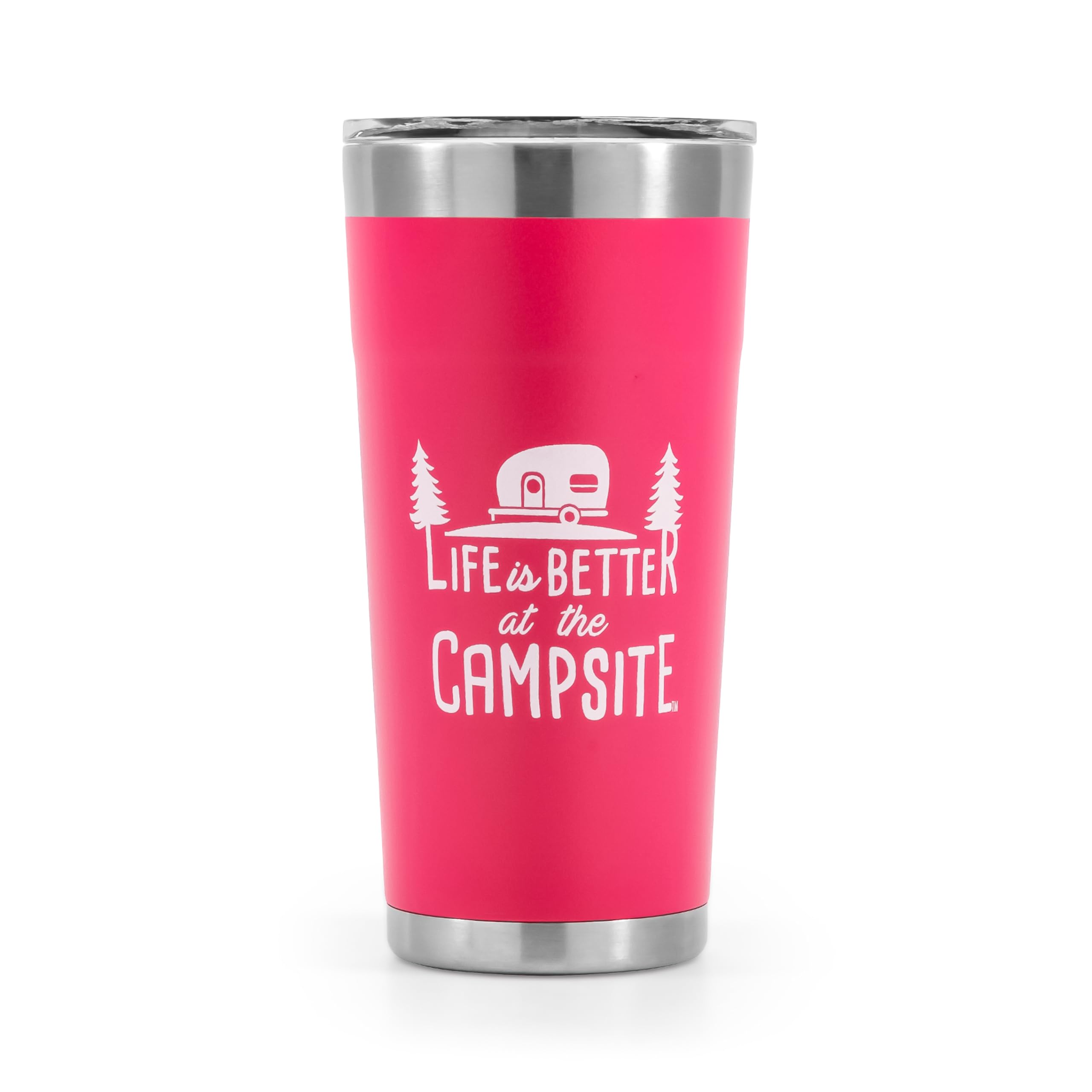 Camco Tumbler Life is Better at The Campsite | Heavy Duty Double Wall Vacuum Insulation | Crafted of 18/8 Stainless Steel | Unique “Life is Better at The Campsite” Design on Coral Pink | 20-oz (53061)