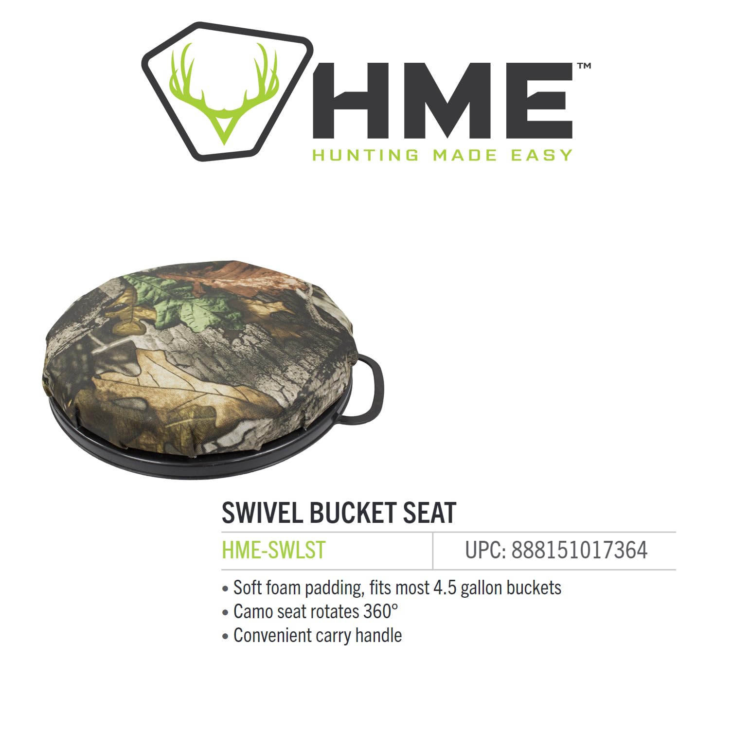 HME 360 Versatile Rotating Quiet Swivel Bucket Seat with Convenient Carry Handle - 350 lb Weight Capacity; 2" Height; Fits 4.5 gal Bucket