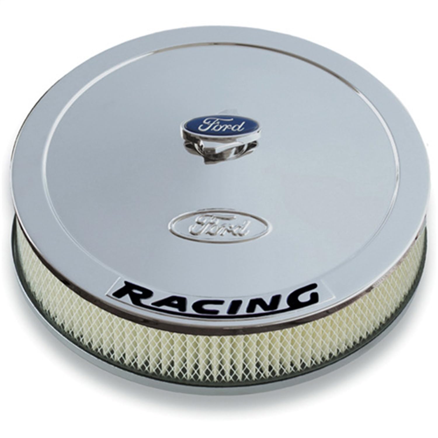 Air Cleaner Assembly Ford 302-351 - 13 in Round - 2.625 in Element - 5-1/8 in Carb Flange - Drop Base Racing Logo - Steel - Chrome - Kit