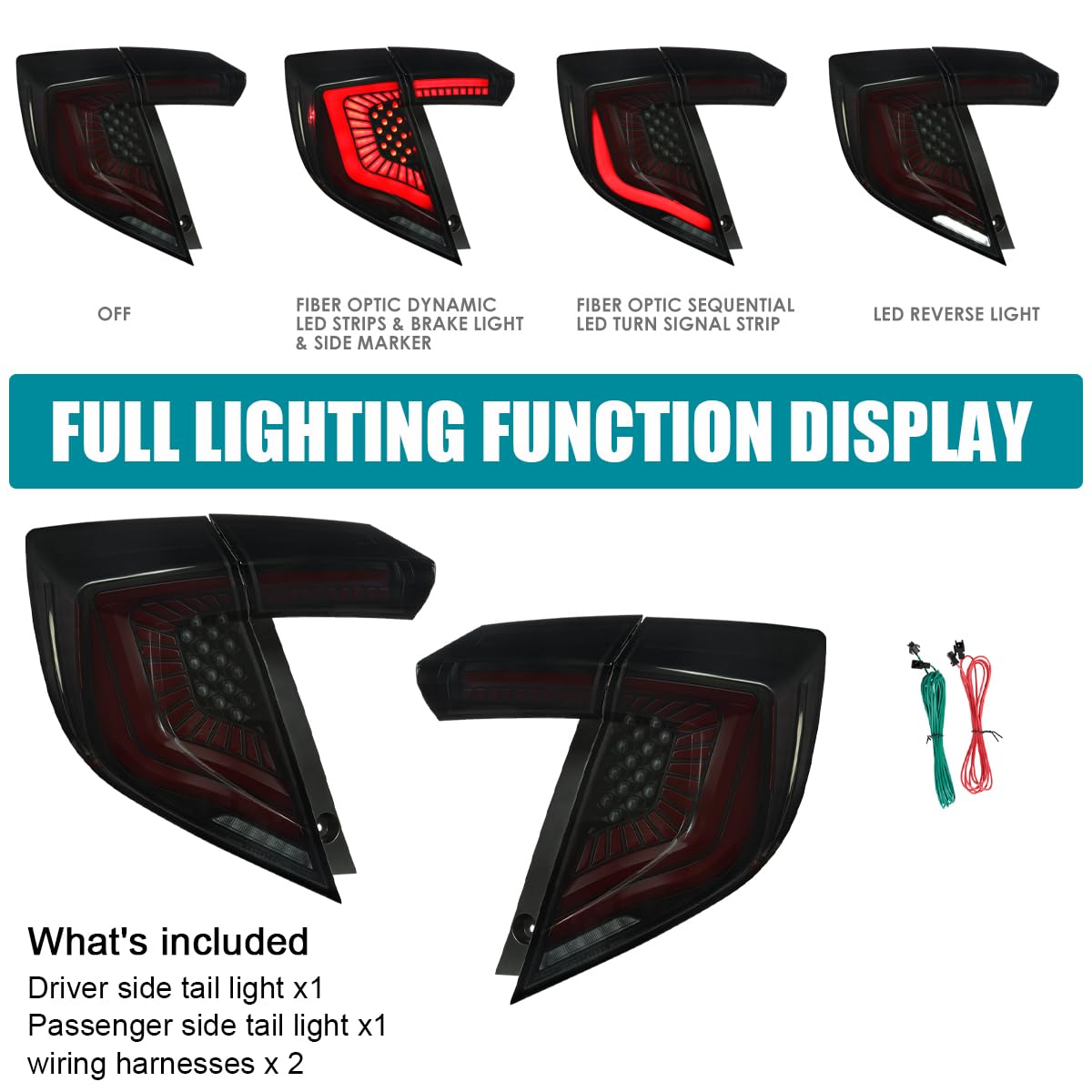 Black Smoke LED Tail Lights SPEC-D TUNING w/Red LED Sequential Turn Signals Compatible with 2017-2021 Honda Civic Hatchback, Left + Right Pair Headlamp Assembly