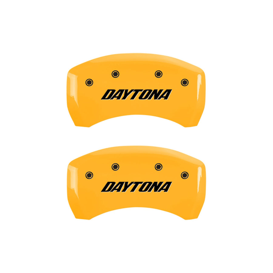 Brake Caliper Covers MGP - for 2011-2023 Dodge Challenger & 2011-2023 Dodge Charger (Requires Dual Piston Front Caliper) Front and Rear Set - Engraved DAYTONA Logo (Yellow)