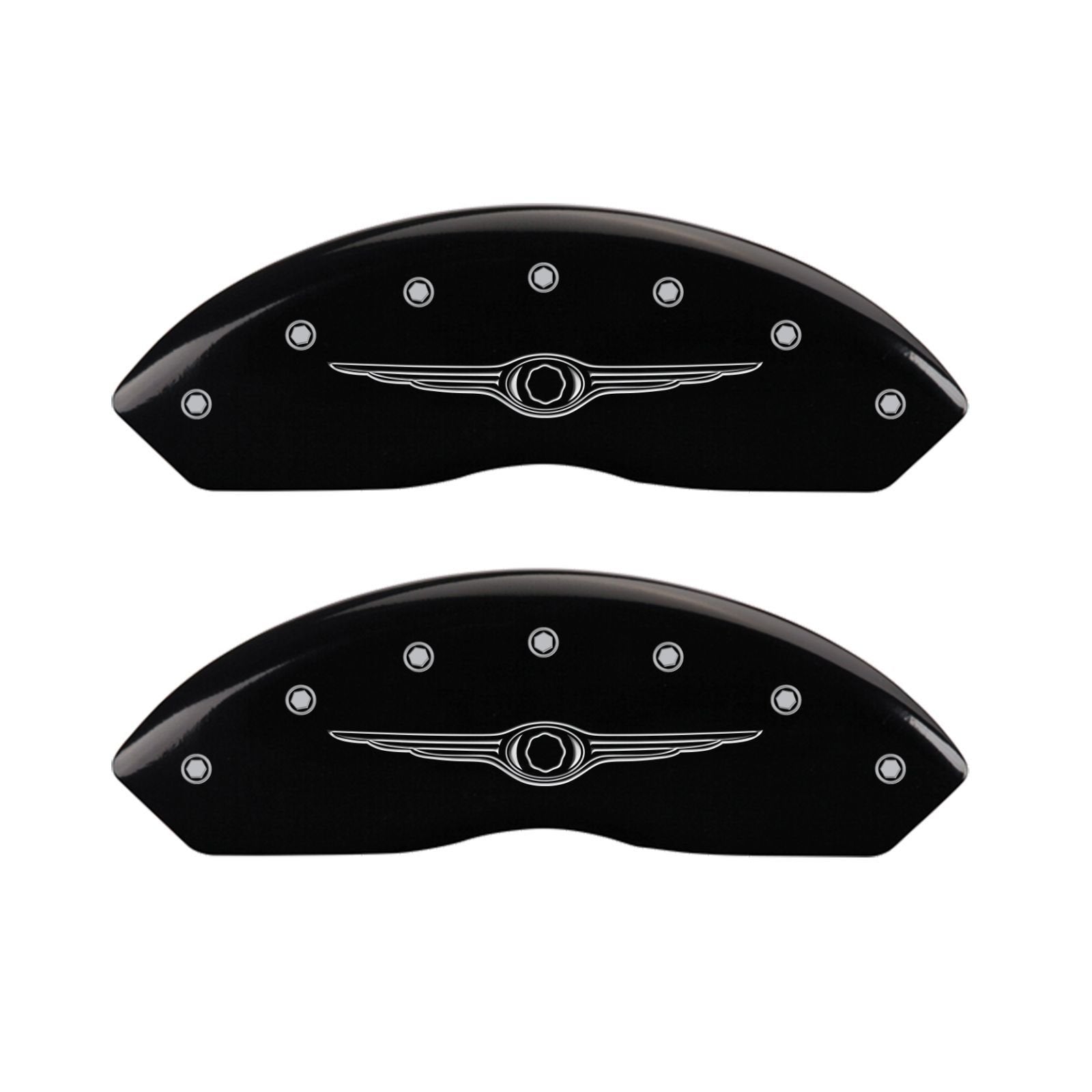 MGP Caliper Covers Front and Rear 32021SCW1BK Black Powder Coat Finish, Set of 4 (Style 1/Chrysler Wing Silver Characters, Engraved)