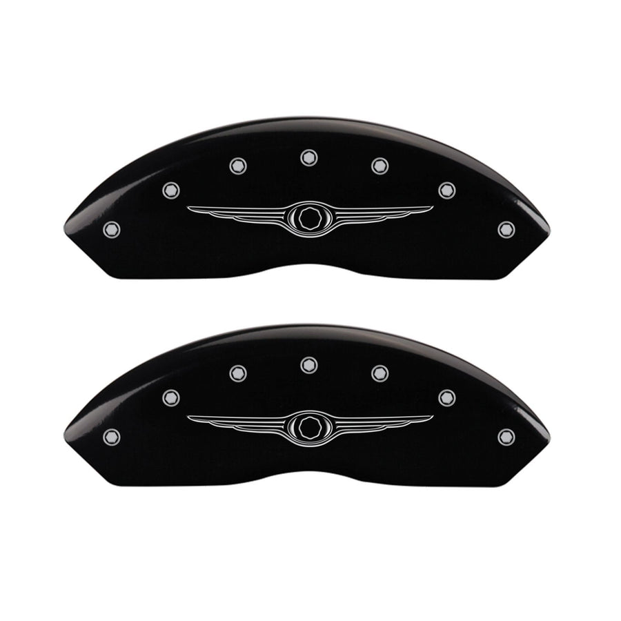 MGP Caliper Covers Front and Rear 32021SCW1BK Black Powder Coat Finish, Set of 4 (Style 1/Chrysler Wing Silver Characters, Engraved)